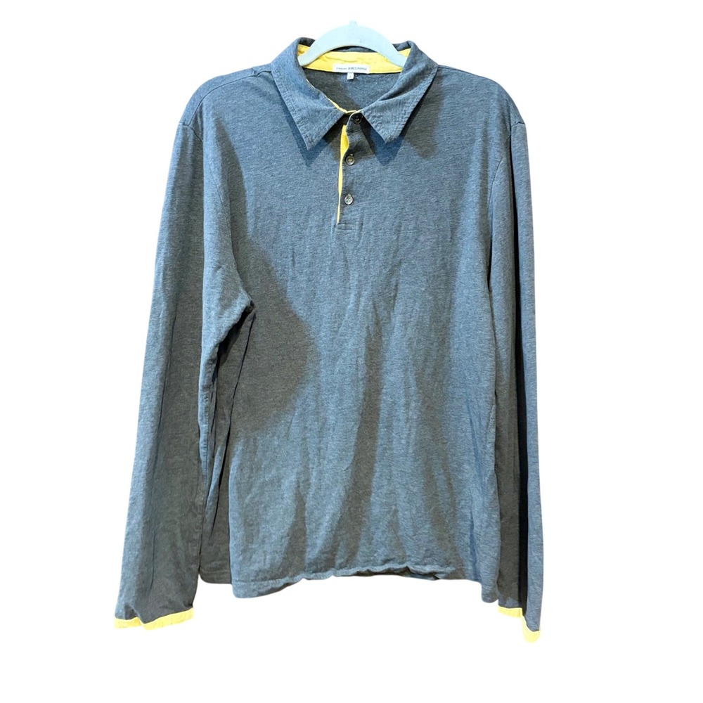 James Perse Standard Gray Yellow Long Sleeve Polo Shirt MMB3174 Size 2 Cotton